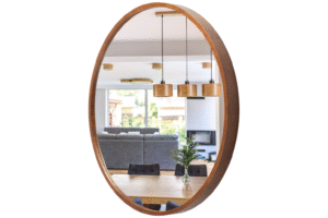 Lustro łazienkowe ścienne LEJA okrągłe ∅800 ORZECH do przedpokoju salonu STYLOWE
